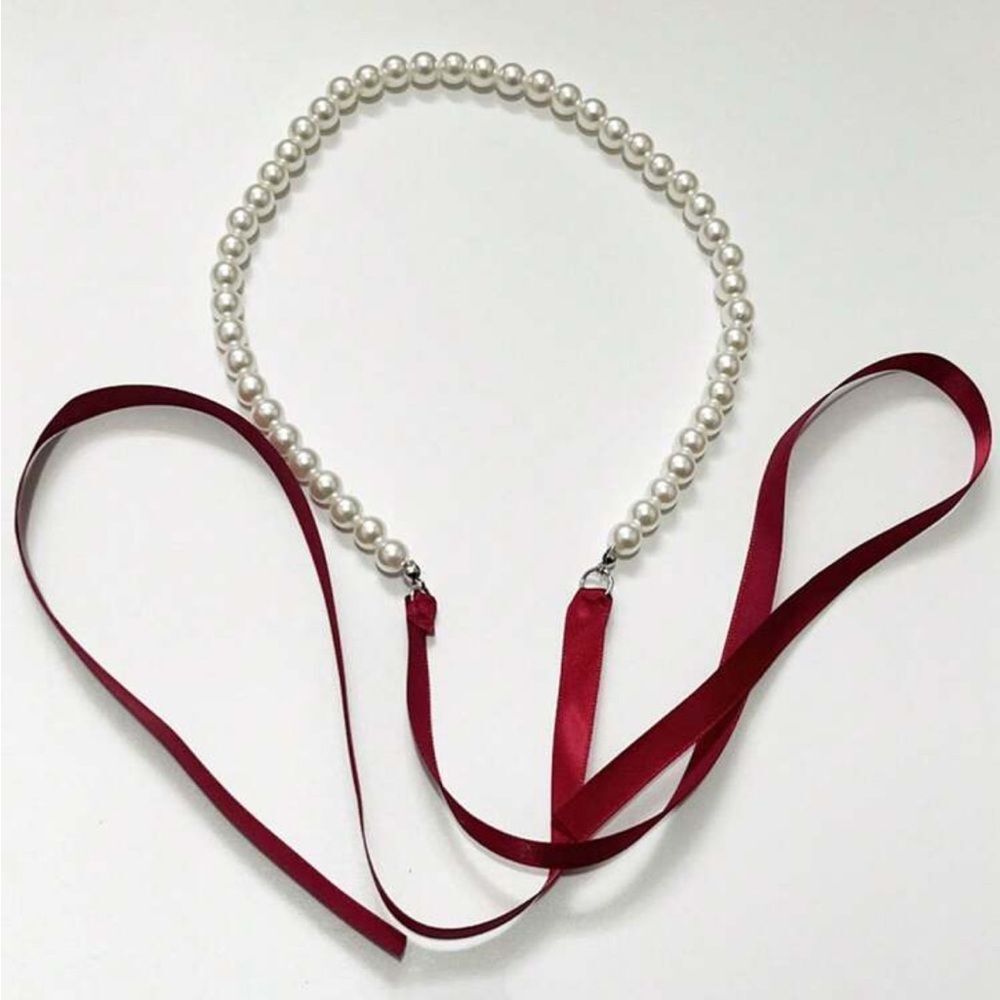 Elegant Pearl Necklace with Red Ribbon R142 - Picture 2 of 2